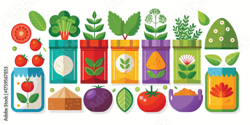 Vector art of collection of colorful seed packets with plants, perfect for sticker and any design needs
