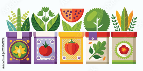 Set of various vegetable seed packets in cartoon vector illustration art style