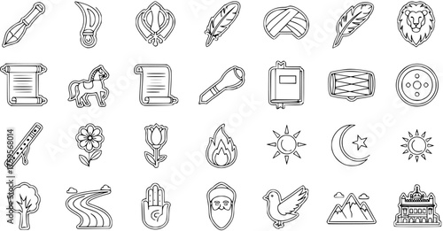 Sikh  South Asian Cultural Icons Set. Outline collection of religious, historical, and spiritual symbols including Khanda, Kirpan, Turban, Golden Temple, Guru, Lion, Granth, Horse, Hamsa, Crescent