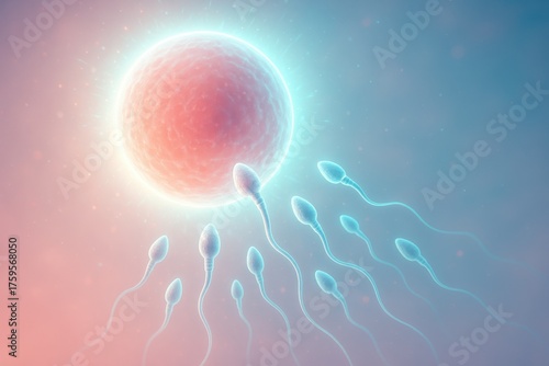IVF of Sperm Cells Approaching an Egg in a Colorful Abstract Background