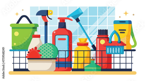 Cartoon illustration art of collection of cleaning supplies and products on a shelf