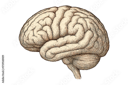 Detailed brain hatching through fine grooves drawing vector lines anatomical illustration