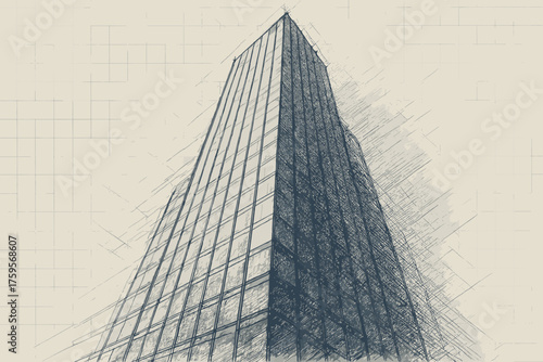 Sketch skyscraper modern illustration perspective blueprint vector angled lines shading crosshatch vertical