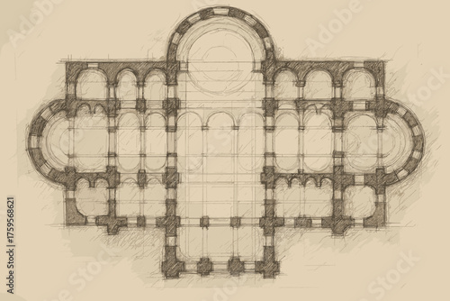 Cathedral sketch columns freehand textured plan suggested illustration old vector floor