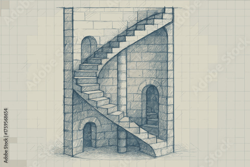 Dimension tower interior illustration hatch spiraling vector shading section sketch blueprint