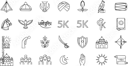 Sikhism Icons Set. Outline symbols of Sikh religion and culture including Khanda, Gurudwara, Turban, Kirpan, Guru Granth Sahib, Waheguru, Khalsa, Dhol, and spiritual elements.