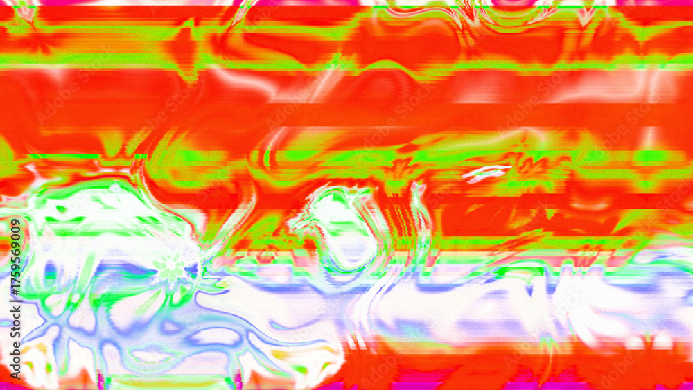 Fototapeta premium Abstract psychedelic glitch waves with neon colors, distorted digital fluid texture and VHS scanline effect