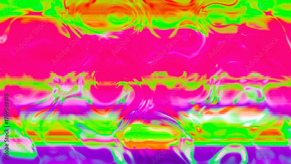 Fototapeta premium Abstract psychedelic glitch waves with neon colors, distorted digital fluid texture and VHS scanline effect