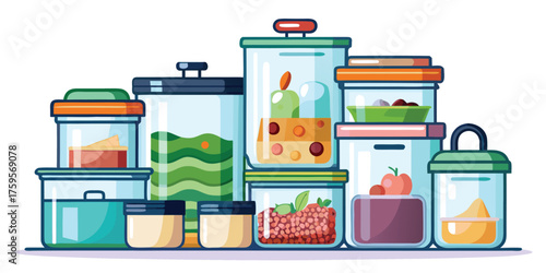 Vector art set of transparent food storage containers for kitchen organization