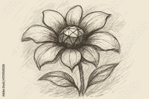 Fantasy geometric pencil flower sketch expressive oversized sketched doodleflower petals vector center