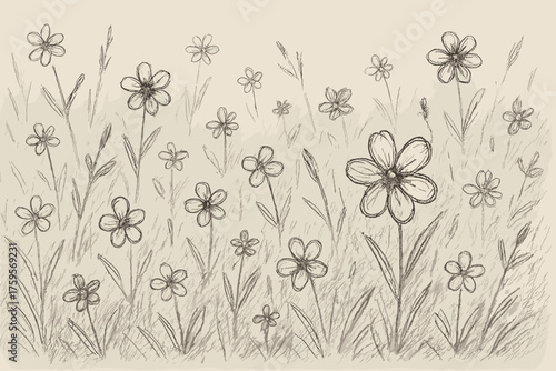 Vector scene rough loosely grass uneven illustration scattered sketched meadow doodleflower