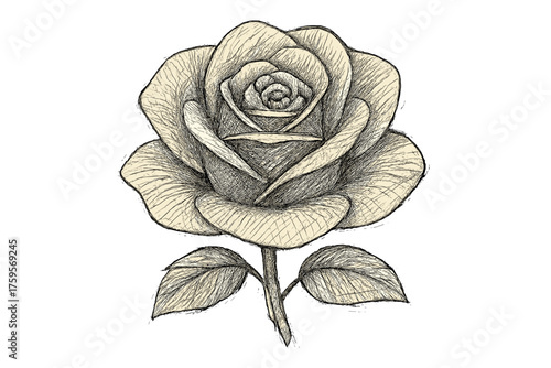Illustration shadowed depth sketch contours pencil dense petals layered doodle rose vector