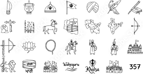 Carta da parati Sikhism and Punjabi Culture Line Art Icon Set: Featuring Gurdwara, Khanda, Kirpan, Turban, Waheguru, Khalsa, Sikh Warriors, Gurbani, and historical symbols