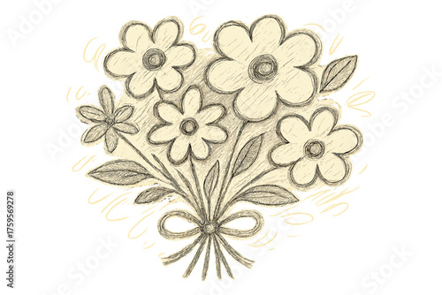 Shaped doodleflower bouquet ribbon illustration strokes playful simple tied flowers vector pencil