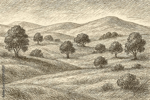 Illustration mimicking vector scattered landscape etched hillside engraving lines hills rolling crosshatched