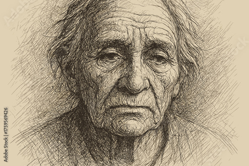 Strokes illustration built shadows sketch face elderly etching crosshatching vector detailed portrait