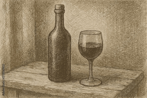 Crosshatching vector engraved table illustration glass life still bottle rustic built