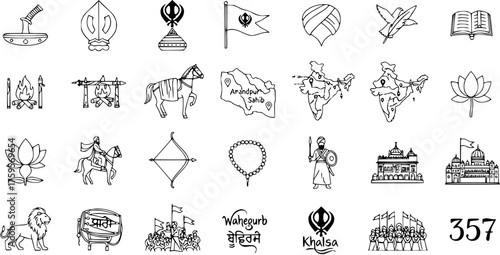 Sikhism Cultural and Historical Symbols Doodle Icons: Khanda, Gurudwara, Warriors, Turbans, Nishan Sahib, and Waheguru