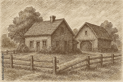 Strokes dense etching nostalgic barn rustic illustration shading vector farmhouse done