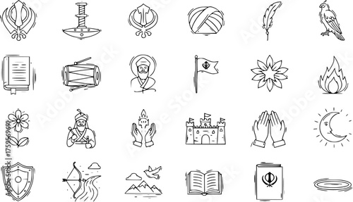 Hand drawn doodle line art icon set of Sikhism symbols and elements, spiritual, religious, and nature themes