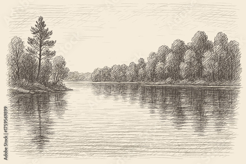 Reflective illustration created water lines calm lake shading vector hatching view