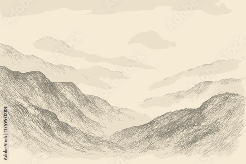 Vector sketch pencil layered illustration shading strokes misty mountain mountains into soft