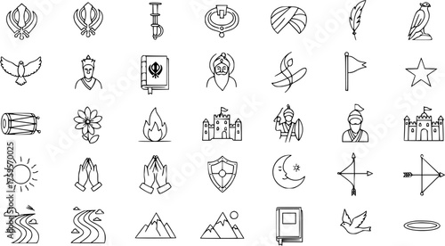 Detailed Line Art Icon Set of Sikhism and Spirituality: Featuring Khanda, Holy Book, Gurus, Warriors, Nature, and Cultural Symbols