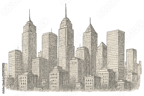 Vector pen crosshatched sketch illustration sketched skyline buildings outline shading urban tall