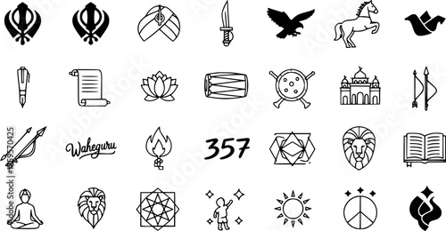 Sikhism Symbols Line Icons Set. Collection of Khanda, Kirpan, Turban, Waheguru, Lion, Temple, Arrows, Book, and Spiritual  Cultural Elements of Sikh Faith.
