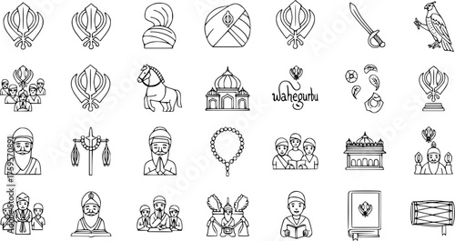 Sikhism Line Icons Set. Collection of religious and cultural symbols, elements, and figures like Khanda, Gurdwara, Turbans, Holy Book, Kirpan, Waheguru in outline style.