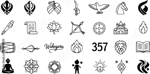 Sikhism Symbols  Icons Set: Vector Illustrations of Khanda, Turban, Gurdwara, Waheguru, Kirpan, Lion, Holy Book, and Cultural Elements