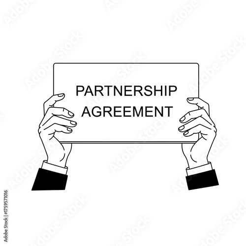 Vector illustration of two hands holding a sign that reads "Partnership Agreement" in a minimalist, black and white illustration.