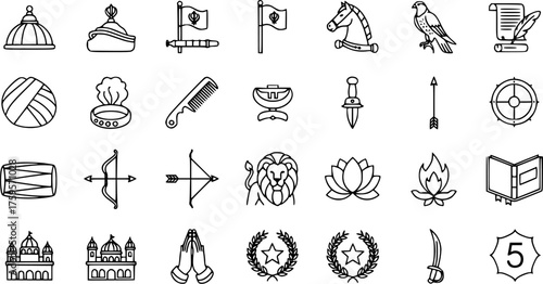 Sikhism Culture  Religious Symbols Icons. Vector line art collection of traditional elements: Khanda, Gurdwara, Kara, Kirpan, Turban, Kanga, Falcon, Lion, and sacred emblems.
