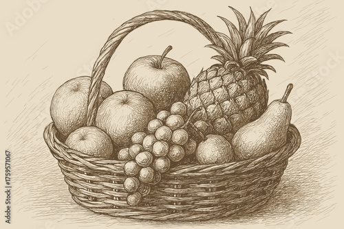 Density shading vector basket layered illustration outlined sketch varying fruit built