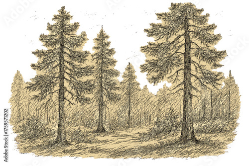 Vector sketch illustration trunks shadows pine tall rough forest trees branches