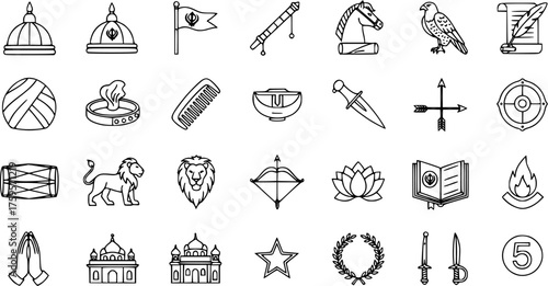 Sikhism  Indian Culture Symbols Icon Set. Outline vector collection of religious, spiritual, warrior, and traditional elements like turban, kirpan, Khanda, lotus, and Gurudwara.