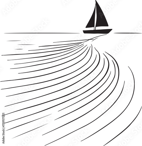 Minimalist Sailboat Art – Line Drawing of Boat on Rippling Water in Motion