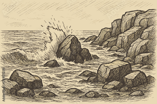 Shading vector crosshatched coastline rocky crashing water bold rocks illustration