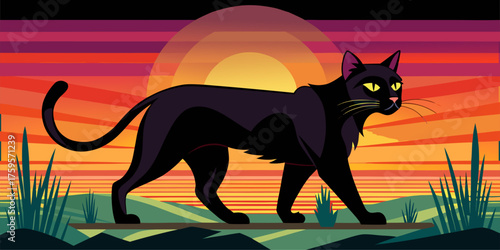 Illustration of a graceful black cat under the dusk sky. Bold vector design. Perfect for t-shirt print, logo, wallpaper, or branding that symbolizes boldness and elegance.