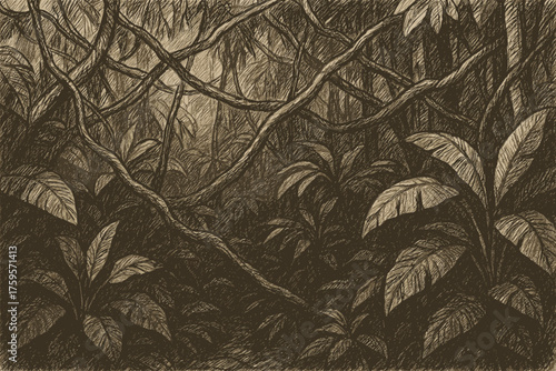 Pencil vector illustration leaves jungle sketch outlined dense broad vines hatch strokes