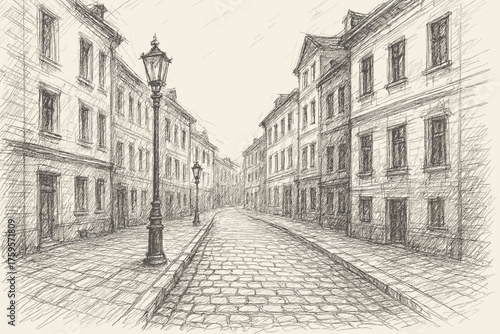 Street urban sketch lines cobblestones layered vector rough illustration hatching