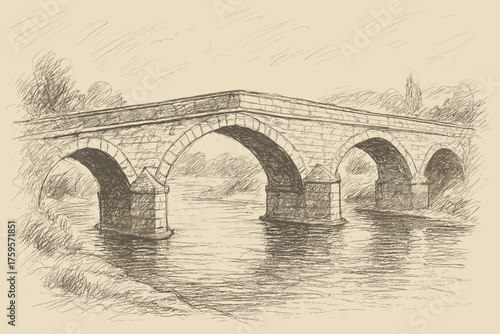 Illustration spanning crosshatch vector pencil textures medieval stone rough bridge river