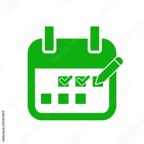 Green calendar icon with checkmarks and pencil, perfect for task management, schedule planning, productivity, and business design.