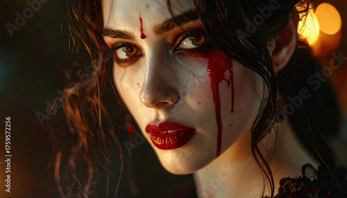 Crimson Tears: A captivating image showcases a woman with haunting eyes, her face adorned with streaks of crimson, evoking a sense of tragedy and drama. 