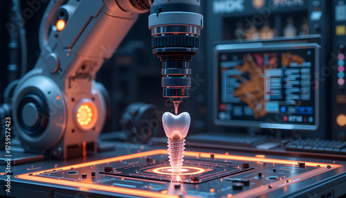 Robotic Arm Precisely Examining a Glowing Dental Implant in a High-Tech Lab