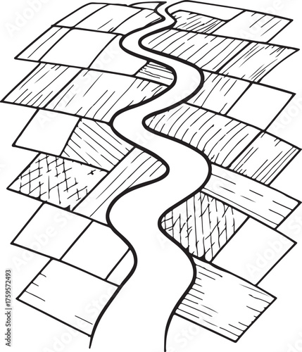 Minimalist Winding Path Art – Serpentine Road Through Textured Fields in Line Drawing