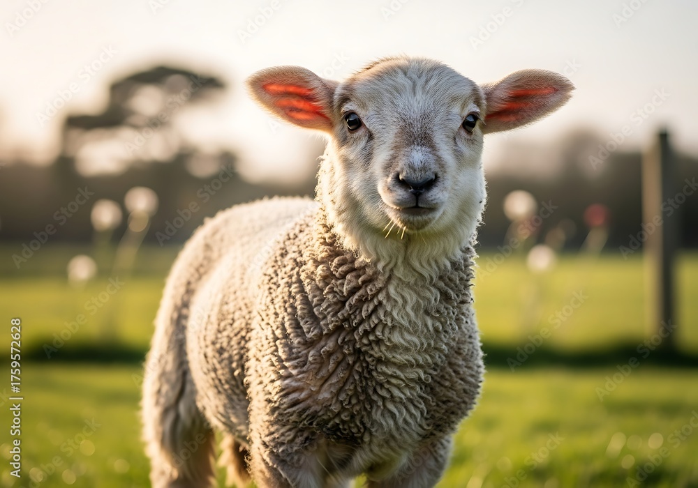 Fototapeta premium A cute young lamb with soft wool stands in a sunlit green field, looking directly at the viewer with gentle eyes.