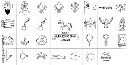 Sikhism Line Art Icon Set for Guru Gobind Singh Jayanti: Religious Symbols, Cultural Elements  Festival Doodles
