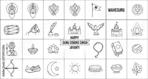 Happy Guru Gobind Singh Jayanti line art icons set. Collection of doodle religious symbols and cultural elements for Sikh festival celebration.