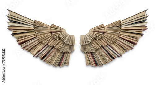 A pair of open books arranged to resemble a pair of spread wings, with pages fanned out.